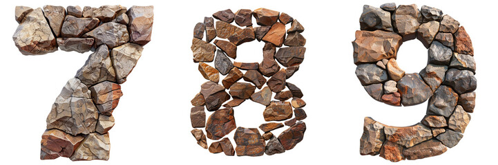 Brown Rock Numbers 7 8 9 Isolated on Transparent or White Background, PNG