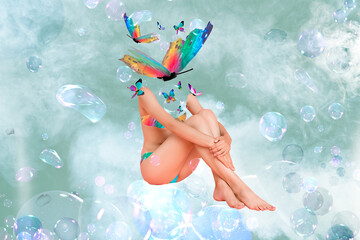 Creative vogue magazine collage of seductive female swimming with bubbles headless butterflies isolated on green color background - obrazy, fototapety, plakaty
