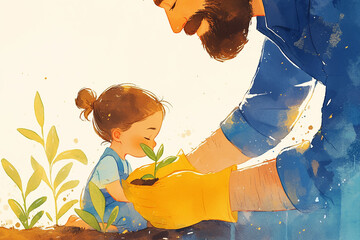 watercolor painting of father and his daughter planting a tree, copy space, pastel color