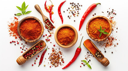  Assortment of vibrant spices and herbs arranged on a white background.