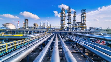 Exterior of modern silver petrochemical installation with reactors converters furnace chimneys communications under blue sky background with copyspace.