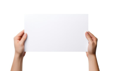 A person is holding up a white piece of paper in their hand, with fingers clearly visible. The paper appears clean and blank, with no visible. on a White or Clear Surface PNG Transparent Background. - obrazy, fototapety, plakaty