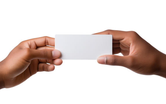 Two Hands Holding a Business Card. The image conveys a professional and formal tone. on a White or Clear Surface PNG Transparent Background.