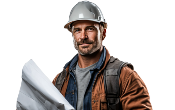 A man in a hard hat is pictured holding a piece of paper, likely a blueprint or work order. He appears focused and ready to carry out his tasks. on a White or Clear Surface PNG Transparent Background.
