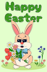 Easter card in retro style. A rabbit with a bouquet of wildflowers stands in the middle of a flower lawn. Vector illustration of a greeting flyer.