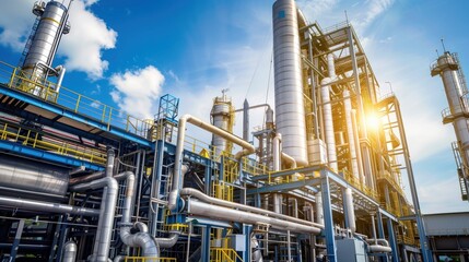 Exterior of modern silver petrochemical installation with reactors converters furnace chimneys communications under blue sky background with copyspace.