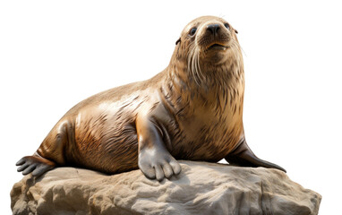 Naklejka premium A bronze statue of a sea lion is depicted sitting on top of a large rock, with realistic details in its posture and facial expression. on a White or Clear Surface PNG Transparent Background.