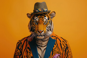 Tiger in luxury jacket with dynamic swirl pattern and modern fedora on orange studio background - obrazy, fototapety, plakaty
