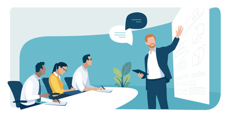 Education, presentation meeting. The business team listens to the teacher, leader. Vector illustration.