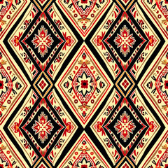 Ethnic ikat seamless pattern geometric abstract designs with traditional motifs.