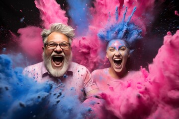 side view,father and daughter with explosive emotions rejoice on a pink background.Space for text in the corner - obrazy, fototapety, plakaty