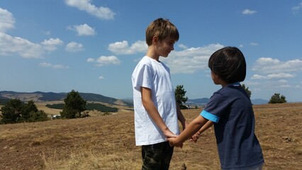 Happy kids standing on the green field holding hands, on the Sunny day.. Boys Summer photo. Landscape mountain 