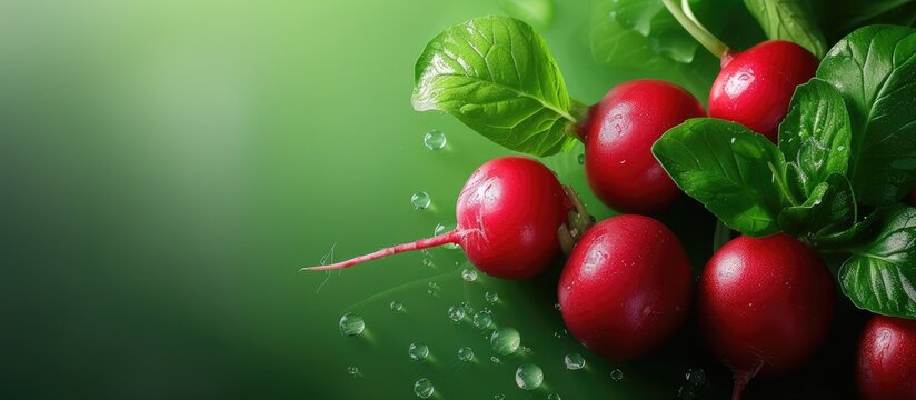 A group of vibrant red radishes with fresh green leaves is displayed against a bright green background. The red radishes stand out with their crisp texture and peppery flavor, complemented by the
