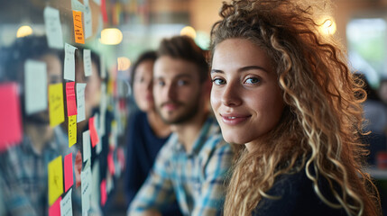 A confident young woman with curly hair engaging in an agile planning session with her creative team, using sticky notes for organization.