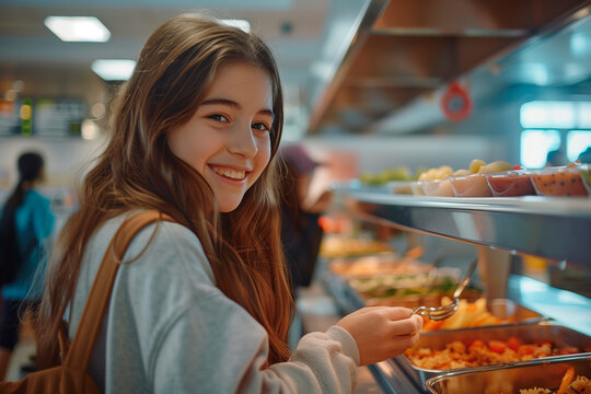 A smiling teenage girl in a high school cafeteria. Lunch at school