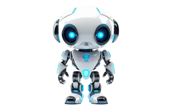 white robot with blue eyes is wearing headphones, possibly listening to music or receiving commands. The robot appears to be in a passive state. on a White or Clear Surface PNG Transparent Background.