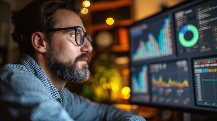 A focused financial trader with glasses analyzing live stock market data on multiple computer screens in a dark office.