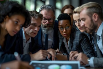 A group of businesspeople sit around a table in a dark teal and silver office intently looking at and discussing documents during a meeting, leadership, team leader, business strategy concept