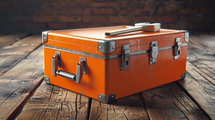 Orange tools box against wooden background.