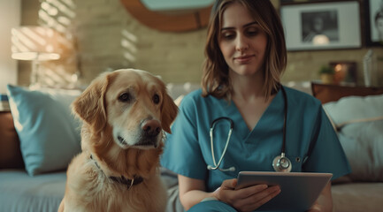 a female doggy veterinarian holding a tablet and her golden retriever, in the style of installation-based, youthful energy, handsome, 