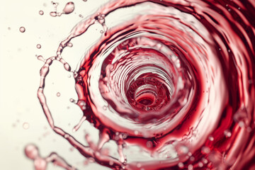 A closeup view captures the dynamic motion of red wine swirling, light reflects off the curved surface, enhancing its deep ruby hue