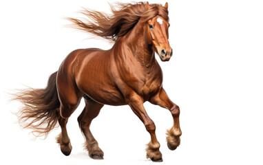 Brown Horse Galloping. A brown horse is seen galloping energetically. Its mane and tail flow behind it in the wind. on a White or Clear Surface PNG Transparent Background.