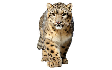 Snow Leopard Walking Across. The elusive big cat moves stealthily, showcasing its powerful muscles and elegant gait. on a White or Clear Surface PNG Transparent Background.
