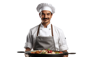 A man in a chefs hat holding a pan of freshly cooked food. The man appears to be a chef as he carefully handles the steaming dish. on a White or Clear Surface PNG Transparent Background.