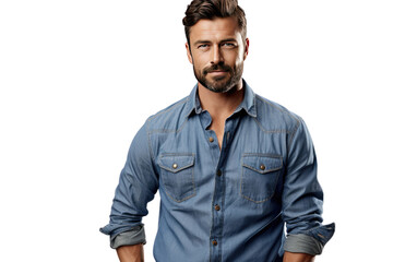 A man wearing a blue shirt is standing in front of the camera. He is confidently posing with a relaxed demeanor, looking directly into the lens. on a White or Clear Surface PNG Transparent Background.