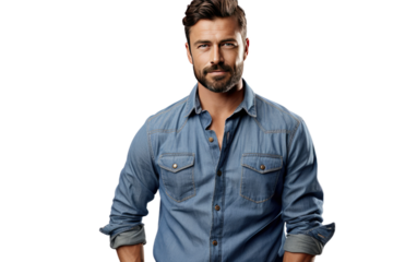 A man wearing a blue shirt is standing in front of the camera. He is confidently posing with a relaxed demeanor, looking directly into the lens. on a White or Clear Surface PNG Transparent Background.