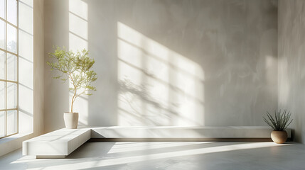 A potted plant stands alone in a minimalist interior bathed in the geometric shadows of a large window.