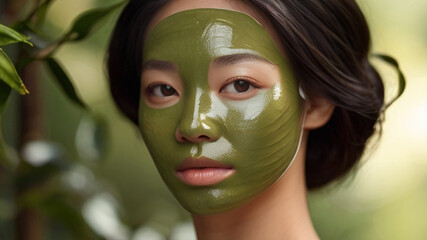 Gorgeous young Asian woman with skin care green mask on her face, for purifying the skin and tightening the pores. Treats oily skin conditions and removes blackheads.