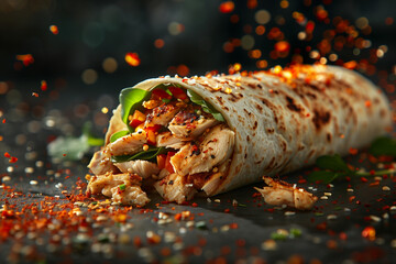 Burrito with grilled chicken wrap roll with flying ingredients and spices hot, food commercial advertisement menu banner..