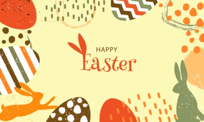 Zelfklevend Fotobehang Happy Easter banner. Trendy Easter design with typography, hand painted strokes and dots, eggs and bunny in pastel colors. Modern minimal style. Horizontal poster, greeting card © Oleksandr Ivanov
