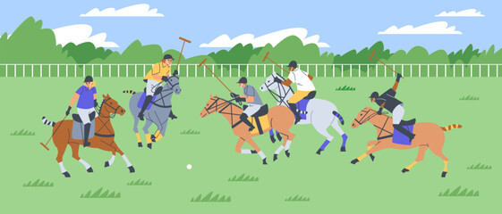 Obraz na płótnie Canvas Jockeys and horses in a polo match - vector illustration.