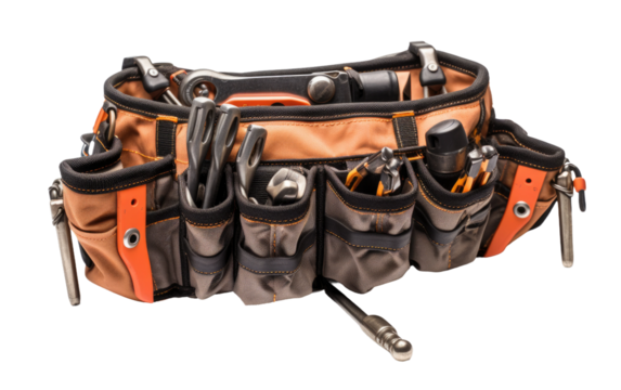 Tool Belt With Various Tools. A tool belt filled with an assortment of tools such as hammers, screwdrivers, pliers wrenches and measuring tapes. on a White or Clear Surface PNG Transparent Background. - Powered by Adobe