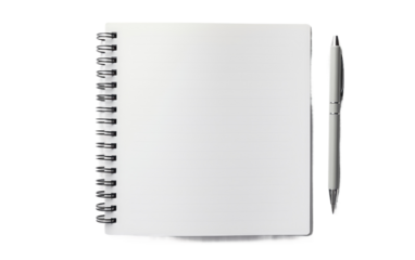 A white notebook lies open with a pen resting on top of it. The notebooks pages are blank, ready to be filled with thoughts and ideas. on a White or Clear Surface PNG Transparent Background.