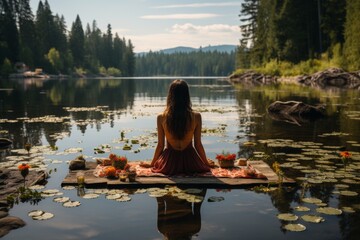 A woman meditates during yoga classes by the lake in summer, sitting on a wooden pier - obrazy, fototapety, plakaty