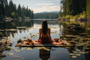 Tuinposter A woman meditates during yoga classes by the lake in summer, sitting on a wooden pier © anwel