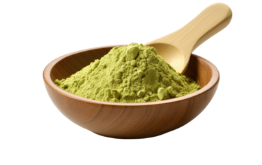 A wooden bowl filled with vibrant green powder sits on a wooden table. The finely ground powder appears to be dense and rich in color. on a White or Clear Surface PNG Transparent Background.