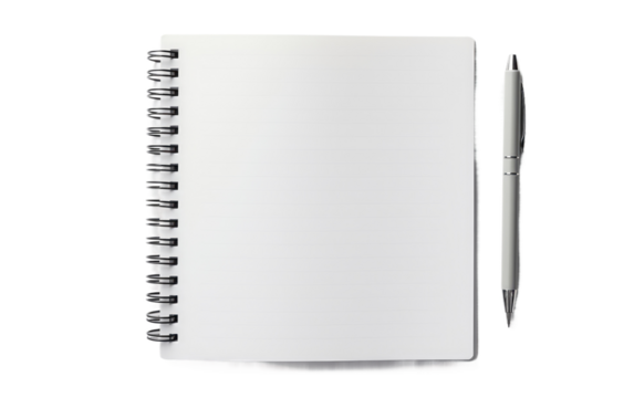 A white notebook lies open with a pen resting on top of it. The notebooks pages are blank, ready to be filled with thoughts and ideas. on a White or Clear Surface PNG Transparent Background.