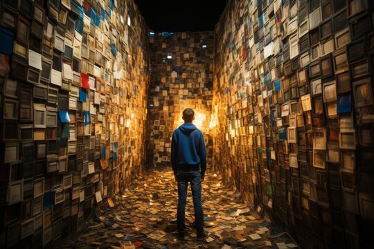 Overwhelming information data explode out of head of young human brain, too much media, too much information