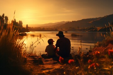 dad and son catch fish with a fishing rod, sit on a boat on the river bank - obrazy, fototapety, plakaty