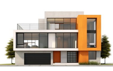 A detailed drawing of a modern house featuring bold orange and white colors including windows, doors, and a sloping roof. on a White or Clear Surface PNG Transparent Background.
