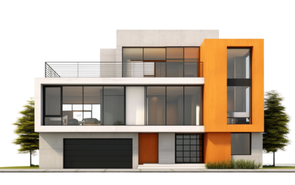 A detailed drawing of a modern house featuring bold orange and white colors including windows, doors, and a sloping roof. on a White or Clear Surface PNG Transparent Background.