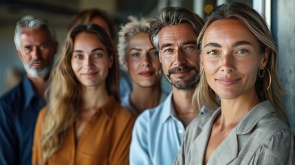 A group of european people from all age groups lean against a wall and smile into the camera, open-minded, business casual dressed, no overlapping people, front view, brightly