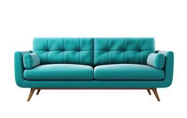Blue Couch on White Floor. A blue couch rests on top of a white floor in a minimalist setting. on a White or Clear Surface PNG Transparent Background.