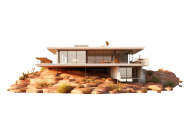 House Perched on Rocky Hill. A house is situated atop a rocky hill. The rocky terrain adds a rugged charm to the scene. on a White or Clear Surface PNG Transparent Background.