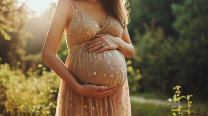 Pregnant woman in dress holds hands on belly on a nature background. Pregnancy, maternity, preparation and expectation concept. Close-up, copy space, indoors. Beautiful tender mood photo of pregnancy.
