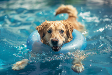 Happy dog swimming and floating ring in the pool